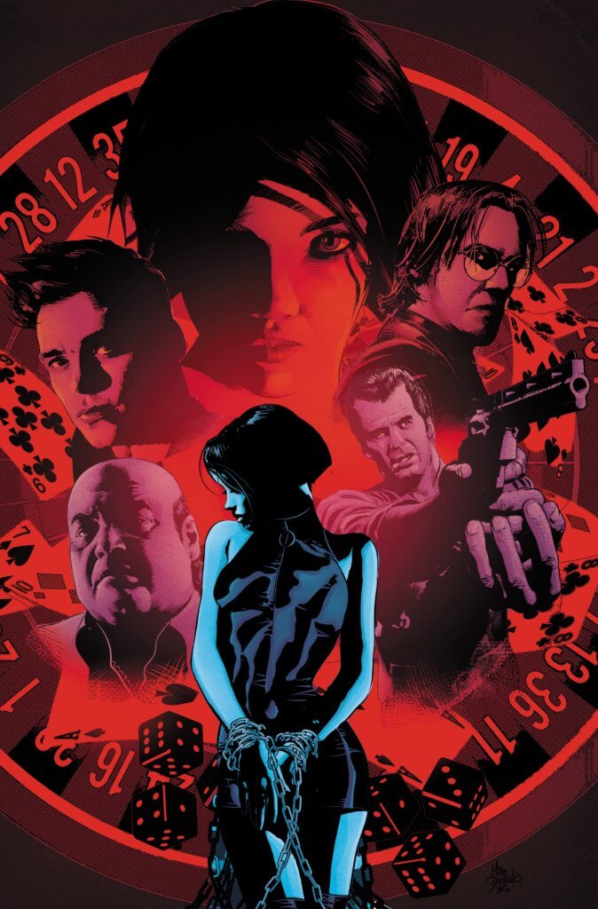 A woman with short black hair in a short tight black dress and her wrists tied. She is surrounded by images of various men on a red background