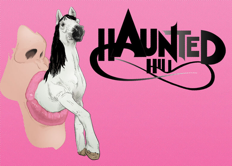 A drawing of a mouth with a majestic white horse climbing out of it beside the logo for "Haunted Hill"