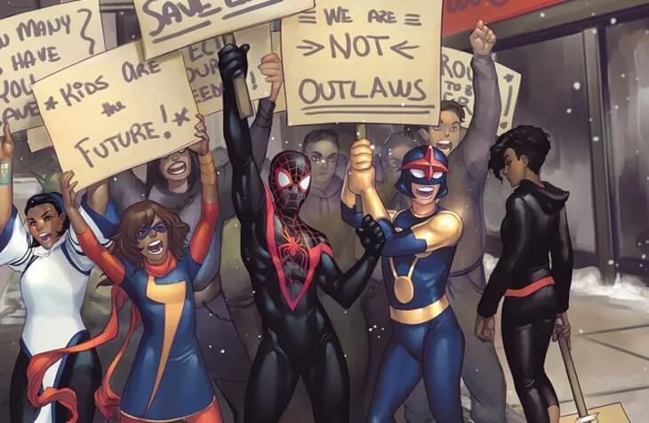 Scene of various protesters (including Nova, Ms. Marvel and Miles Morales) holding placards with slogans like "we are not outlaws" and "kids are the future".