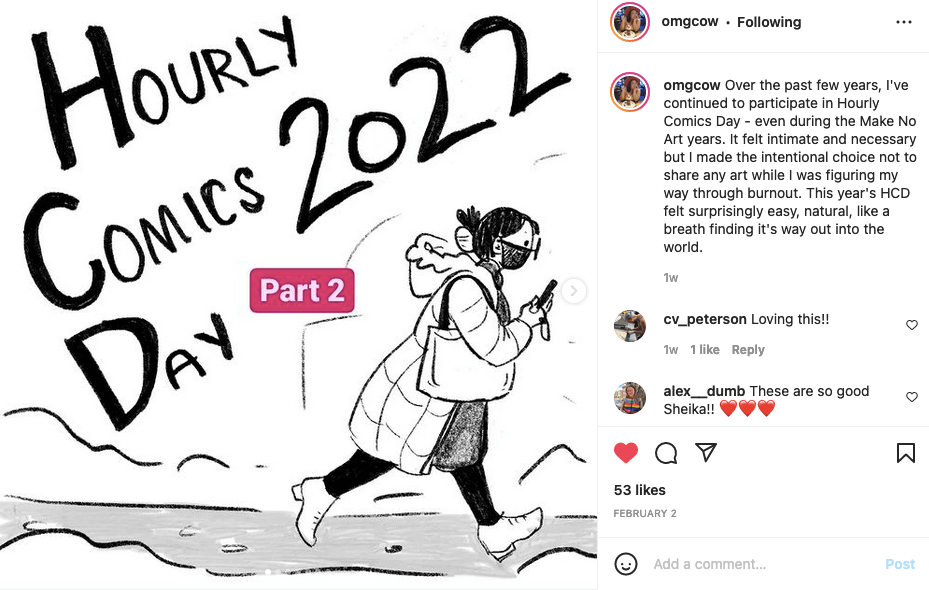 Screenshot taken from Sheika Lugtu's instagram, showing her walking outside beside the text "Hourly Comics Day 2022 Part 2"