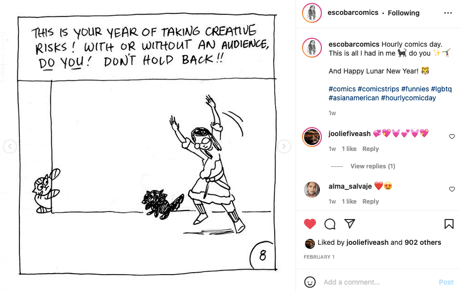 A screenshot of Trinidad Escobar's non-hourly hourly comics on instagram. Trinidad starts to do a cartwheel under text telling others to take creative risks and not hold back.