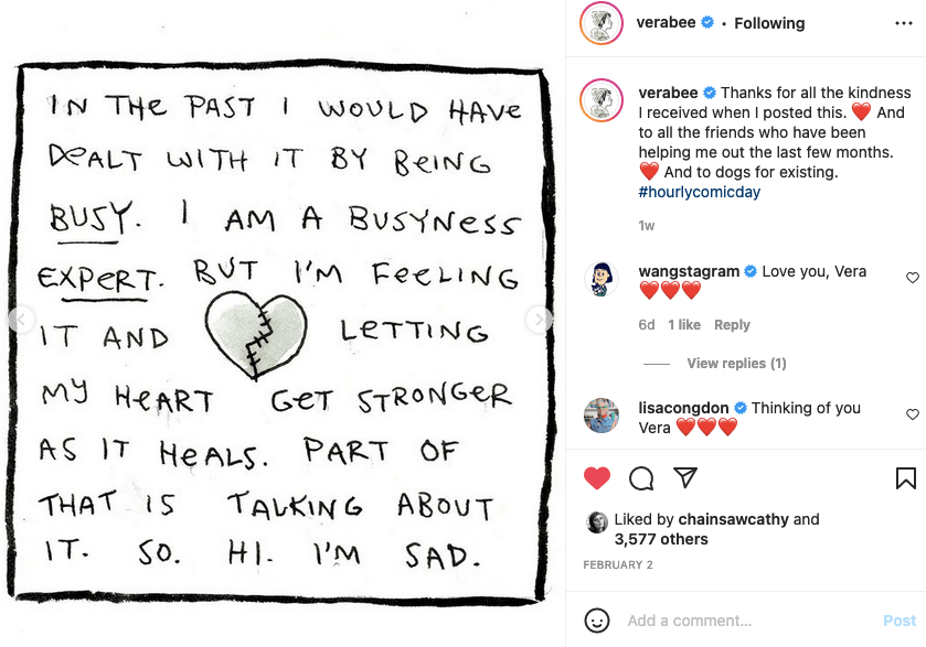 A screenshot of Vera Brosgol's instagram, showing a panel full of text and a heart with a crack down the middle.