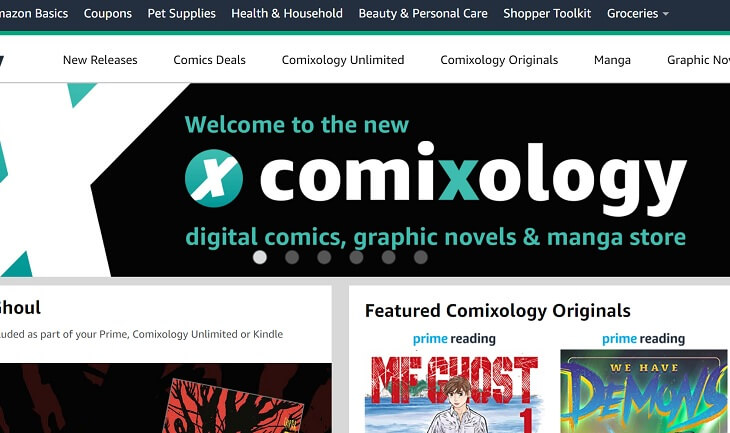 A screenshot of the current Comixology storefront on the Amazon website -- there is a black and teal banner reading "Welcome to the new Comixology digital comics, graphic novels & manga store." The logo, a teal circle is an X on it, is to the side of the word "Comixology," which is the largest word on the banner.