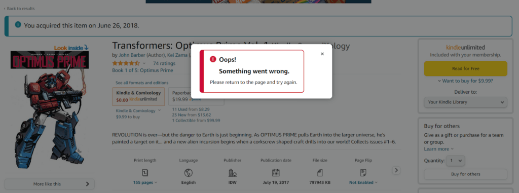 A screenshot of a catalog item from Amazon book overlaid with an error message that says "Oops! Something went wrong. Please return to the page and try again." 