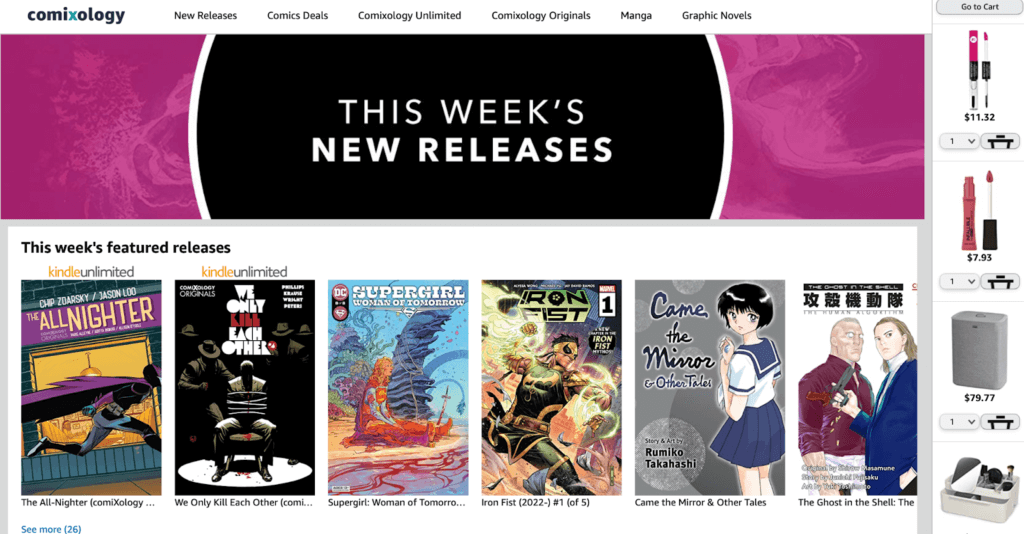 A screenshot of the front page of comixology, featuring a pink and black banner with the words "This Week's New Releases" in white text. Below the banner is text that says "This Week's Featured Releases" with thumbnails of several covers and their titles. To the right is a photo list of previous searches with their prices: lipsticks, clothes hampers, and a makeup organizer