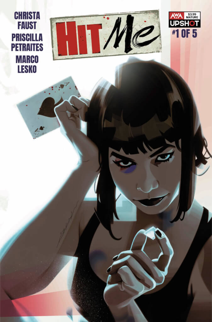 A woman with short black hair in a bob with bruises around her eyes holds a bloody ace of spades in her hand and looks determinedly at the camera