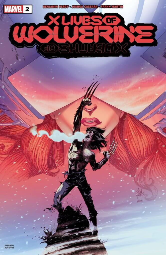 Cover of "X Lives of Wolverine #2," art by Adam Kubert. Wolverine, claws unsheathed and pointed up, is shirtless in the snow, steam pouring from his mouth. Jean Grey's face is faded behind him, filling the rest of the cover. She's wearing the Cerebro helmet, covering her eyes.