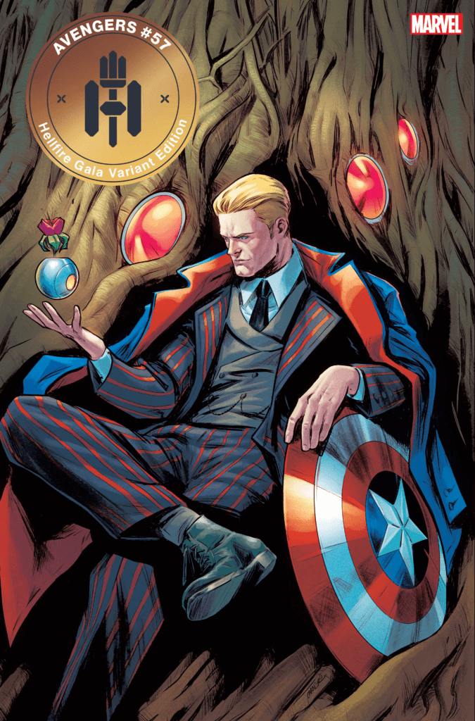 Avengers #57 cover by Carmen Carnero, featuring Steve Rogers' Hellfire Gala 2022 outfit.