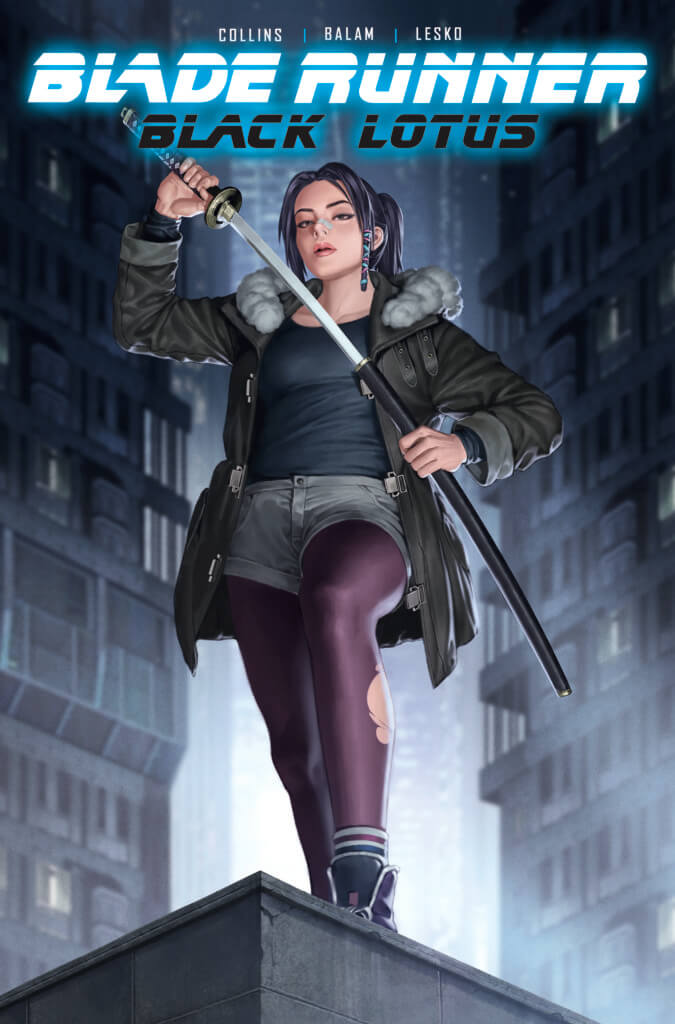 A white woman with dark hair in a ponytail, dressed in black. She is pulling a long sword out of its hilt as she stands on top of a building.