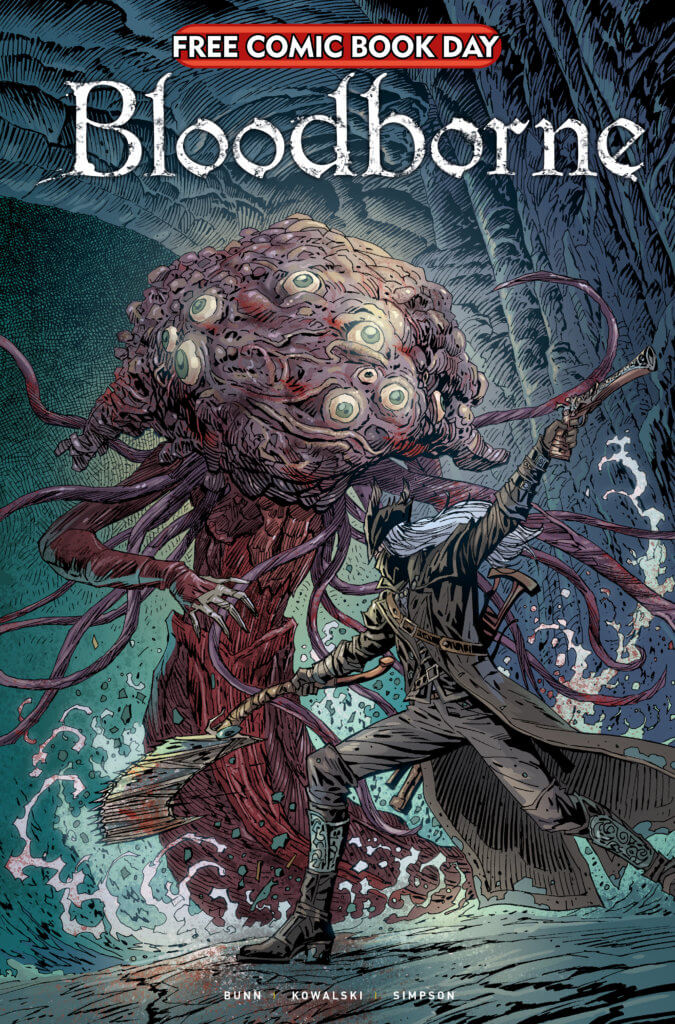 A man with long white hair dressed head to toe in brown, fighting in a forest. In one hand he points a gun at something out of sight to the reader. The other hand holds an axe which he is using to attack a multi-tentacled, multi-eyed tree-like creature. 