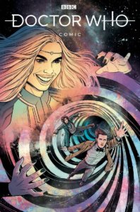 Rose, a blond woman with an evil grin on her face, manipulates a vortex that sees the Eighth Doctor and Eleventh Doctors, two white men, falling into it.