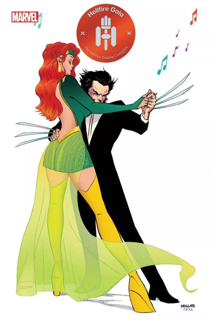 Nick Dragotta art for the 2022 Hellfire Gala, featuring Jean Grey and Logan dancing.