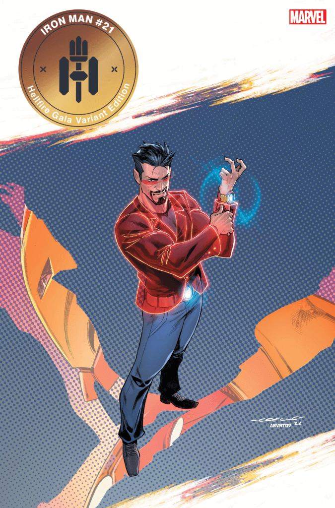 Iron Man #21 cover by Iban Coello, featuring Tony Stark's Hellfire Gala 2022 outfit.
