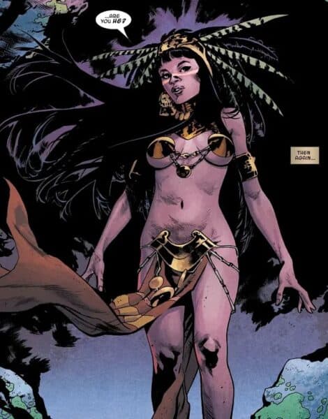 King Conan's "Princess Matoaka," created by Jason Aaron and Mahmud Asrar, is displayed nearly nude, with only a loin cloth, a bikini top, and a headdress. From King Conan #3, by Aaron and Asrar.