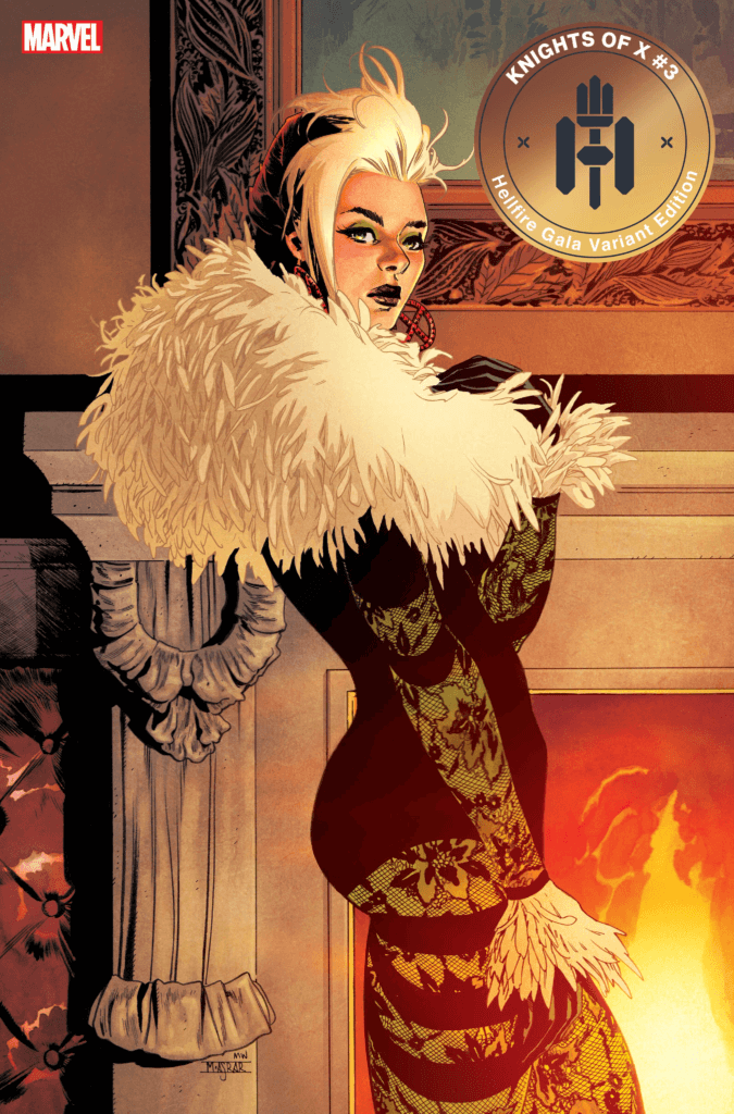 Knights of X #3 cover by Mahmud Asrar, featuring Rogue's Hellfire Gala 2022 look.