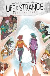 Max and Chloe, two young women, hold hands and walk into a bright light. Around them are snapshots of family and friends.