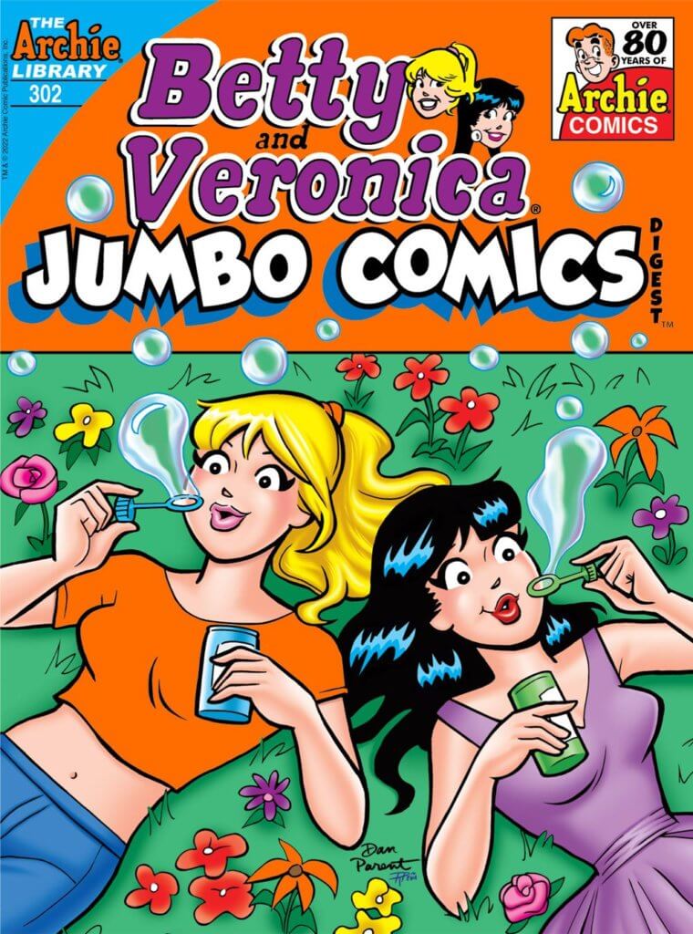 Betty Cooper, a blonde white teenager with her hair in a ponytail, lies beside veronica lodge, a brunette white teenager with loose, long dark hair. Betty wears an orange crop top and blue jeans, while Veronica wears a violet sundress. They blow bubbles which float over their heads as they lie in a field of multicolored wildflowers