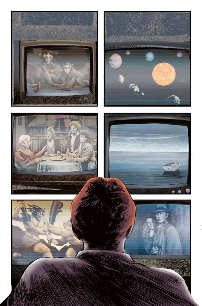 A man stares at six TV screens showing different images of Earth life