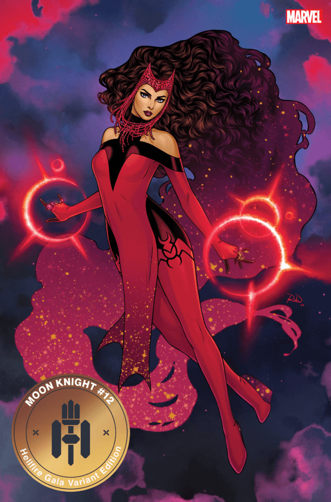 Moon Knight 12 cover by Russell Dauterman, featuring Scarlet Witch's Hellfire Gala 2022 outfit.