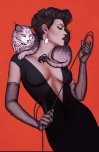 Catwoman with a white cat on her shoulders in a plunging neckline black dress