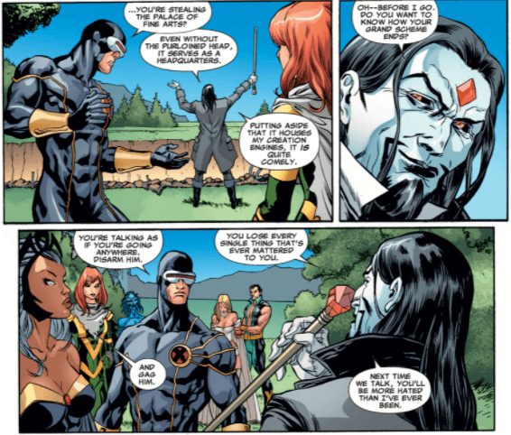Sinister predicts the coming AvX crossover, and Cyclops' role as mutant fugitive after it. From Uncanny X-Men volume 2, issue 3, By Gillen, Pacheco, Diaz, Buchemi, et al.