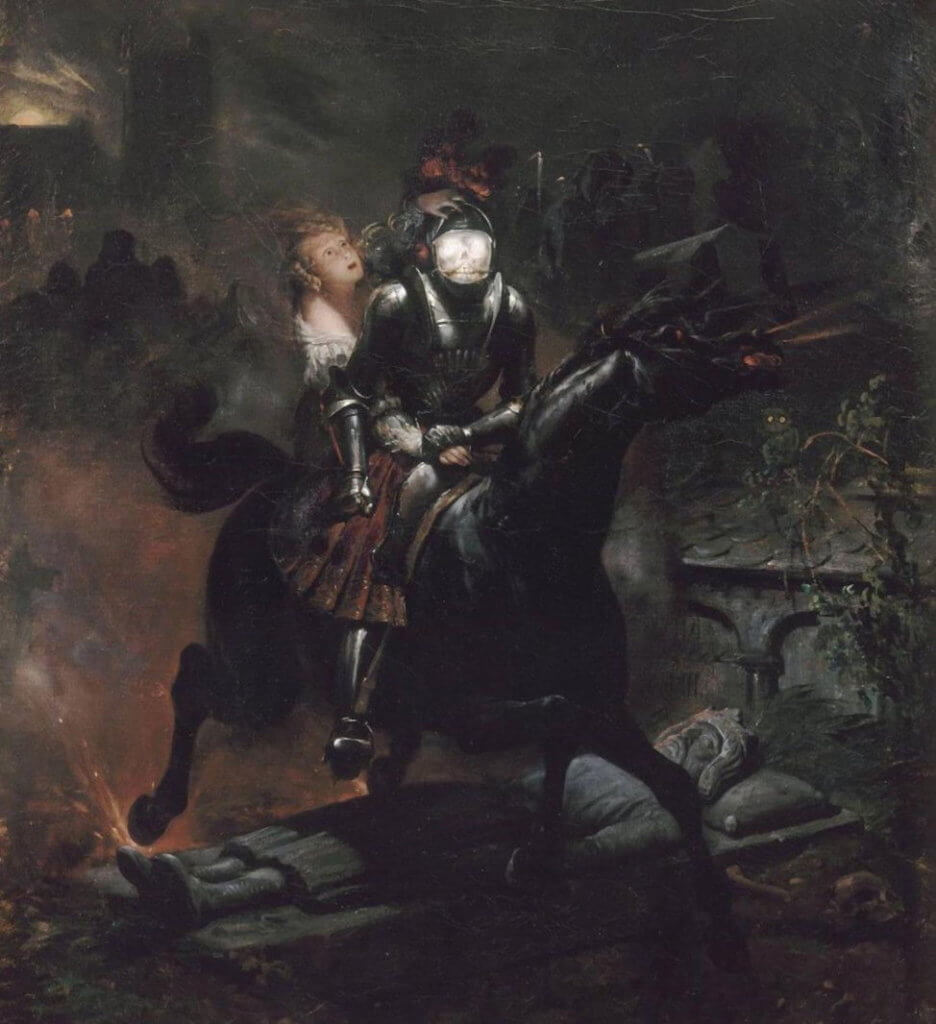 Horace Vernet's 1839 painting "The Ballad of Lenore, or The Dead Travel Fast" showing a frightened woman riding with a ghostly horseman.