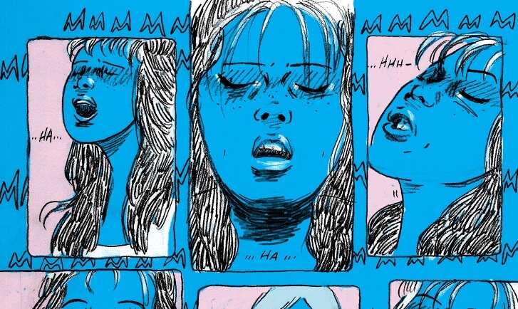 Three panels from Trinidad Escobar's Arrive in My Hands. The woman featured in all three panels is bright blue, as are the gutters around the panel. We see three angels of her face as she gasps and moans. "Mmmmm" runs along the gutters.