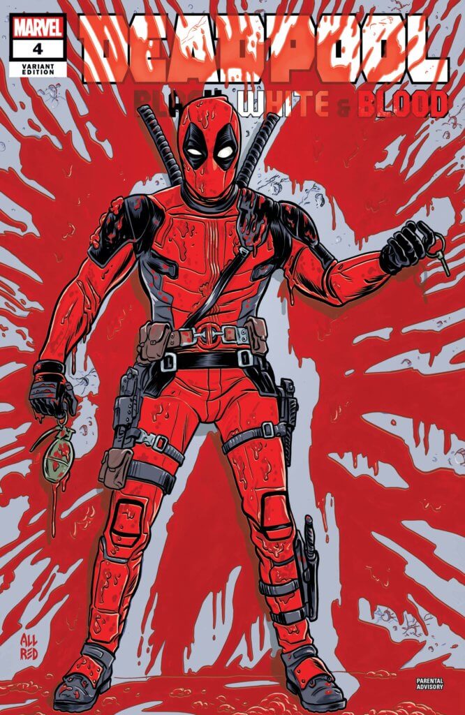 Deadpool stands before a red splotch of blood and squints at the camera. Around him is a halo of bright red blood