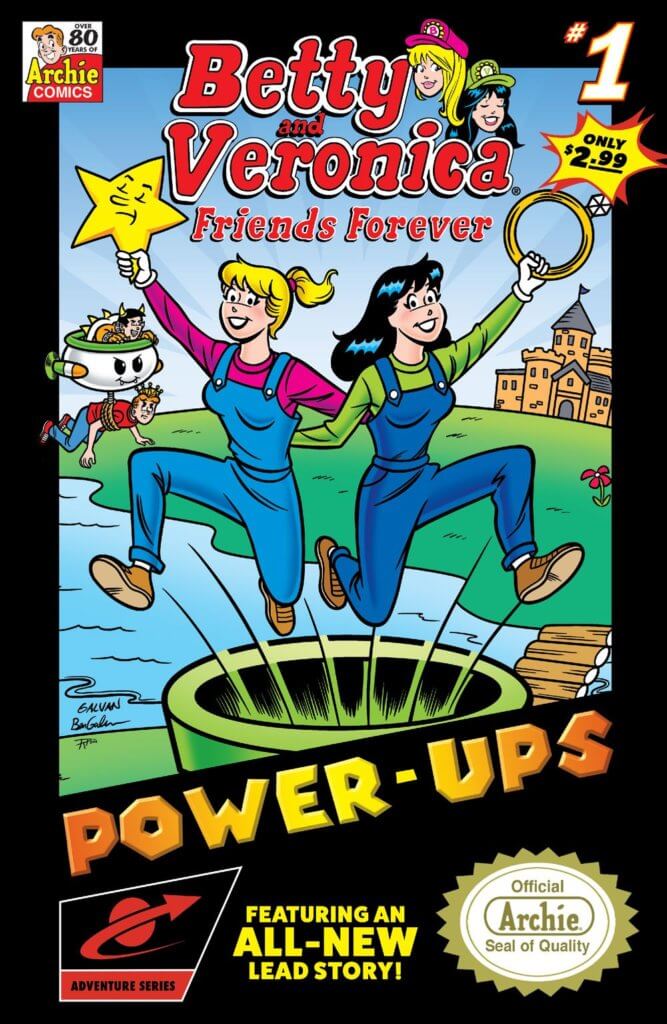 Betty Cooper, a blonde teenager wearing a pink longsleeved shirt and blue denim overalls, leaps out of a green sewer pipe, while grabbing the arm of a smiling star. She's linked arm and arm with brunette white teenager veronica lodge, who is wearing denim overalls and brown boots like Betty, but her long-sleeved shirt is green. The cover is a parody of an old school NES box, with a black backrgound framing the colorful portrait of the teens and a red box logo in the lower left hand corner. There's even a golden and yellow Archie comics seal that resembles Nintendo's.. In the girl's parody Mushroom kingdom, Reggie Mantle is wearing a spiked green turtle costume, his devious smile, white skin and dark hair visible. The white ship has wind-up arms and green rim. Dangling from the ship is teenager Archie Andrews, who is white and red-haired. He's wearing a red sweater and blue jeans, and looks annoyed to have been caught by Reggie. Veronica reaches up and grabs a ring that looks like a Sonic the Hedgehog ring token.