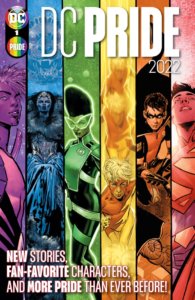 Aquaman, Nubia, Jo Mullein, Kid Quick, Robin, and Superman all in a stripe of the rainbow flag