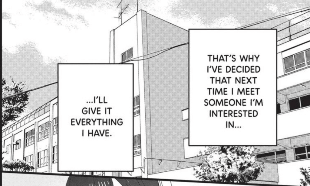 panel from Ima Koi depicting the school exterior with the text "next time I meet someone I'm interested in I'll give it everything I have"