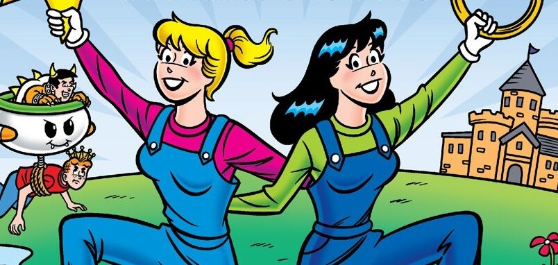 Betty Cooper, a blonde teenager wearing a pink longsleeved shirt and blue denim overalls, leaps out of a green sewer pipe, while grabbing the arm of a smiling star. She's linked arm and arm with brunette white teenager veronica lodge, who is wearing denim overalls and brown boots like Betty, but her long-sleeved shirt is green. The cover is a parody of an old school NES box, with a black backrgound framing the colorful portrait of the teens and a red box logo in the lower left hand corner. There's even a golden and yellow Archie comics seal that resembles Nintendo's.. In the girl's parody Mushroom kingdom, Reggie Mantle is wearing a spiked green turtle costume, his devious smile, white skin and dark hair visible. The white ship has wind-up arms and green rim. Dangling from the ship is teenager Archie Andrews, who is white and red-haired. He's wearing a red sweater and blue jeans, and looks annoyed to have been caught by Reggie. Veronica reaches up and grabs a ring that looks like a Sonic the Hedgehog ring token.
