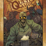 A skeleton at a pub wearing a green pub. It is grinning and pouring a mug of ale