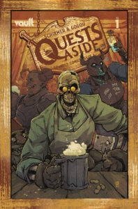 A skeleton at a pub wearing a green pub. It is grinning and pouring a mug of ale