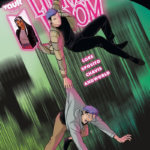 A pair of twins, one is holding on to the back of the others shirt as they dangle from a building