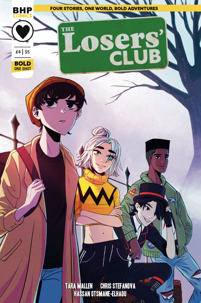 Three young people stand outside by a fence on a gloomy, foggy day. One looks worried, one is smiling, the other is passive