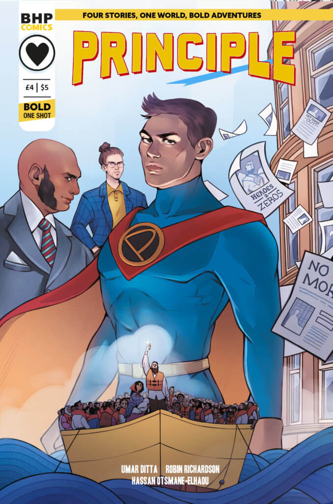 A superhero dressed in blue with a red cape (not superman)