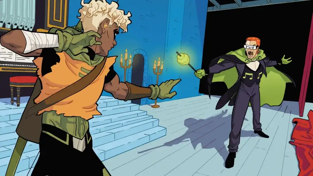Connor Hawke, the second Green Arrow, faces off against the Music Meister, in a panel from DC Pride 2022. By Ro Stein and Ted Brandt.