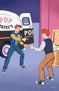In a parody of the classic Spider-man-pointing-at-another-Spider-Man meme, Archie Andrews, a white, redheaded teenager wearing kahki slacks, a dark blue vest and a powder blue shirt, points accusatorially at a more realistically-drawn version of himself in a yellow and blue letterman jacket, jeans and tennis shoes. A pink building and light brown crates loom in the background, and a whire-and-brown delivery truck with pop tate's logo on it