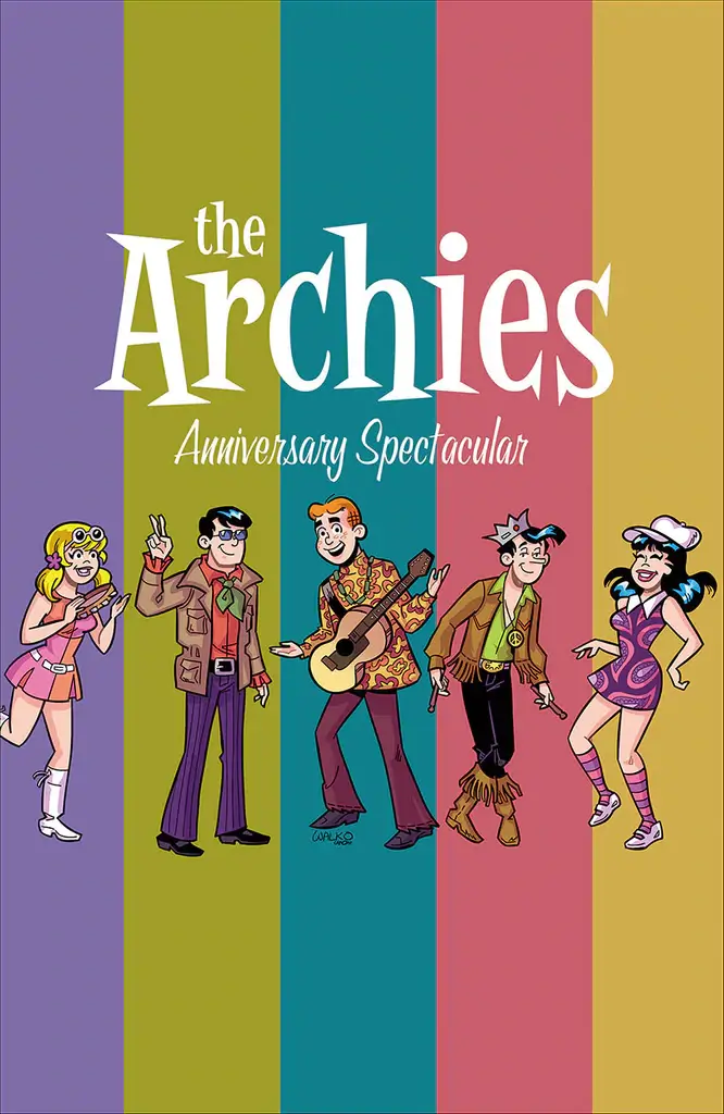 White teenagers betty cooper, reggie mantle, archie andrews, jughead jones and veronica lodge wear very colorful 1960's style outfits. Behind them are individual brightly-colored stripes and the band's font is done up in a swinging modernist style
