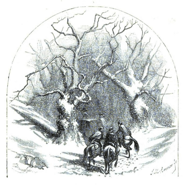 Illustration for "The Mysterious Stranger" depicting riders on horseback entering a creepy forest.