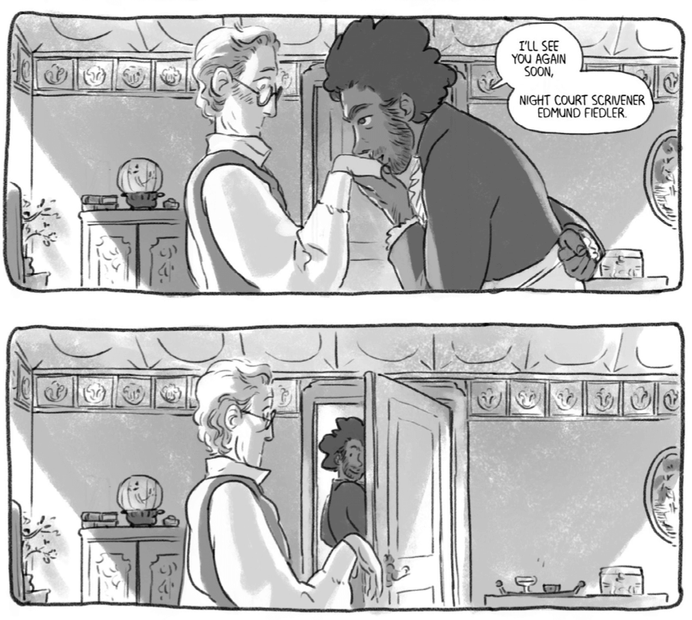 The vampire Lucardo departs Edmund Fielder's office in most dashing fashion. From Letters For Lucardo, volume one.