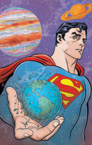 Superman in space holding earth in his palm