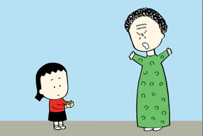 A drawing of a little Asian girl presented a gift to her angry Asian mother