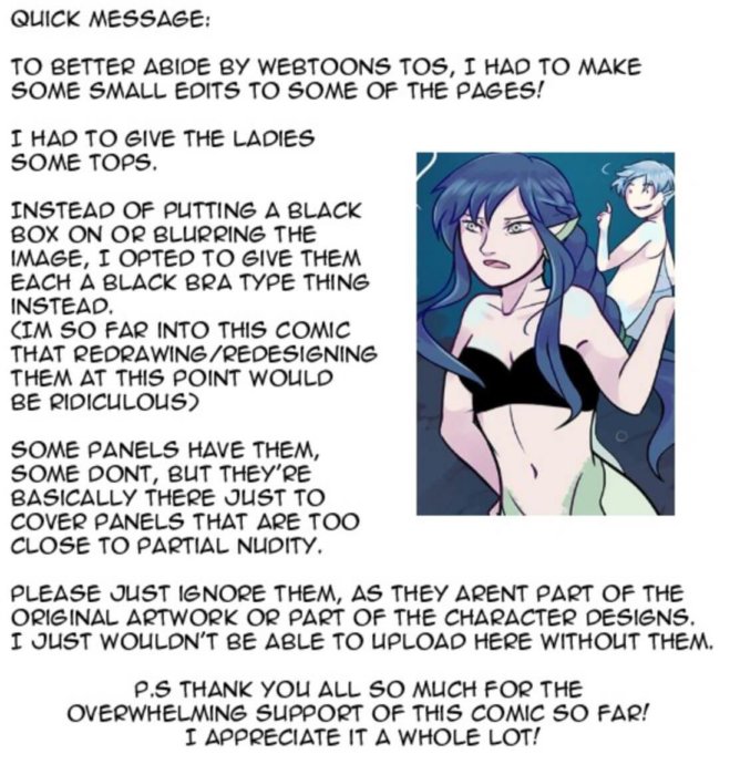 part of comic explaining that the creator had to put bras on the mermaids to cover up partial nudity.