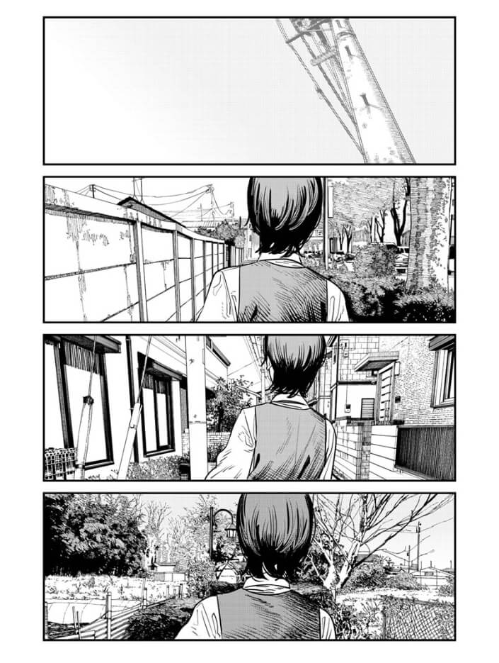 A four-panel comic sequence of a young girl with short, dark hair wearing a jumper walking through a neighborhood. Her back is turned towards the viewer.