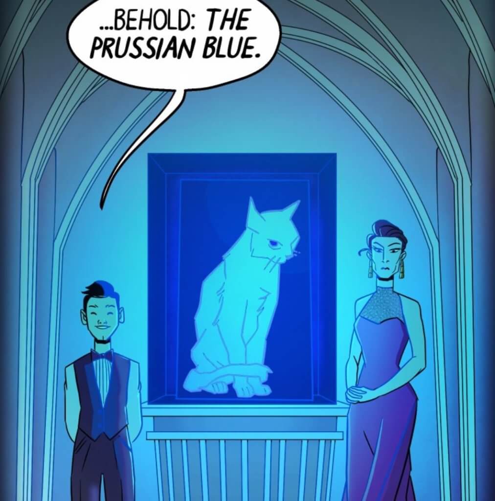 panel from royale depicting the prussian blue and two attendants displaying the painting