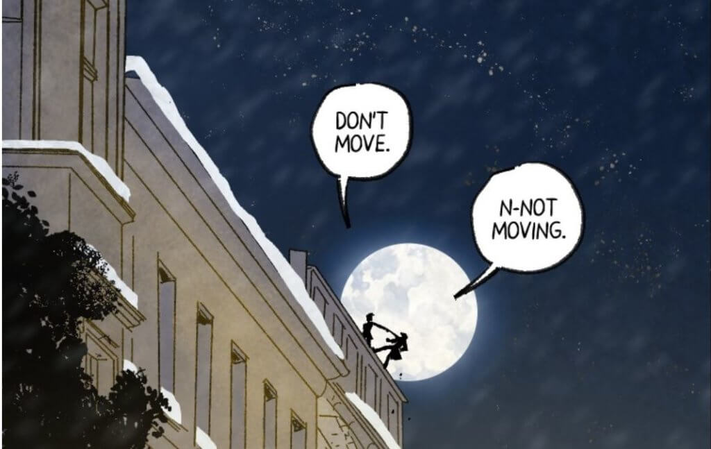 panel from royale depicting royale dangling over the edge of a rooftop and being threatened by the villain.
