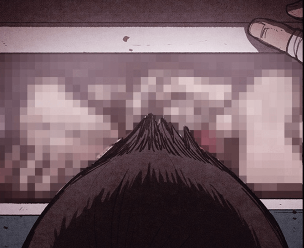 panel depicting the use of mosaic censoring in sweet home