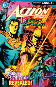 Superman and Mongul separating half the cover. Mongul slamming his fist while Superman poses heroically